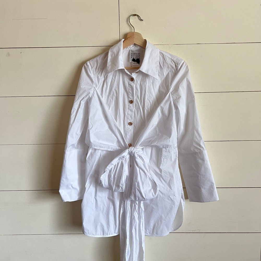 Edward Achour Paris White Button Down Blouse with Front Tie Detail